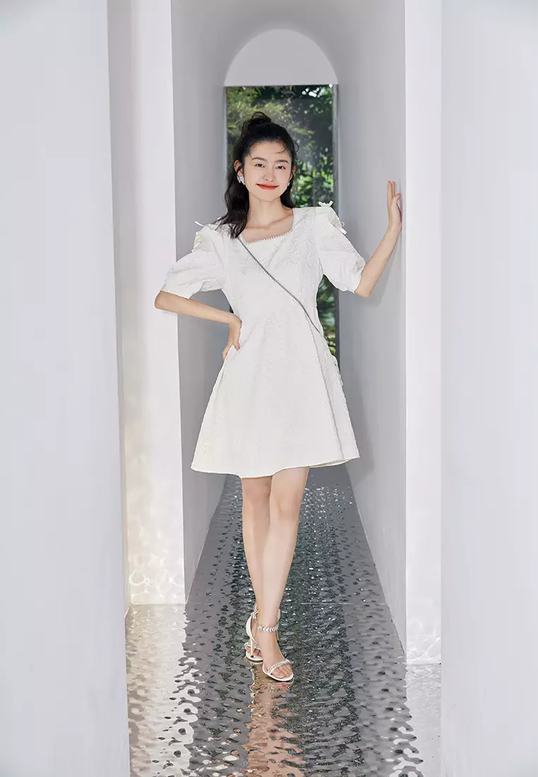 Square Neck Embossed Babydoll Dress