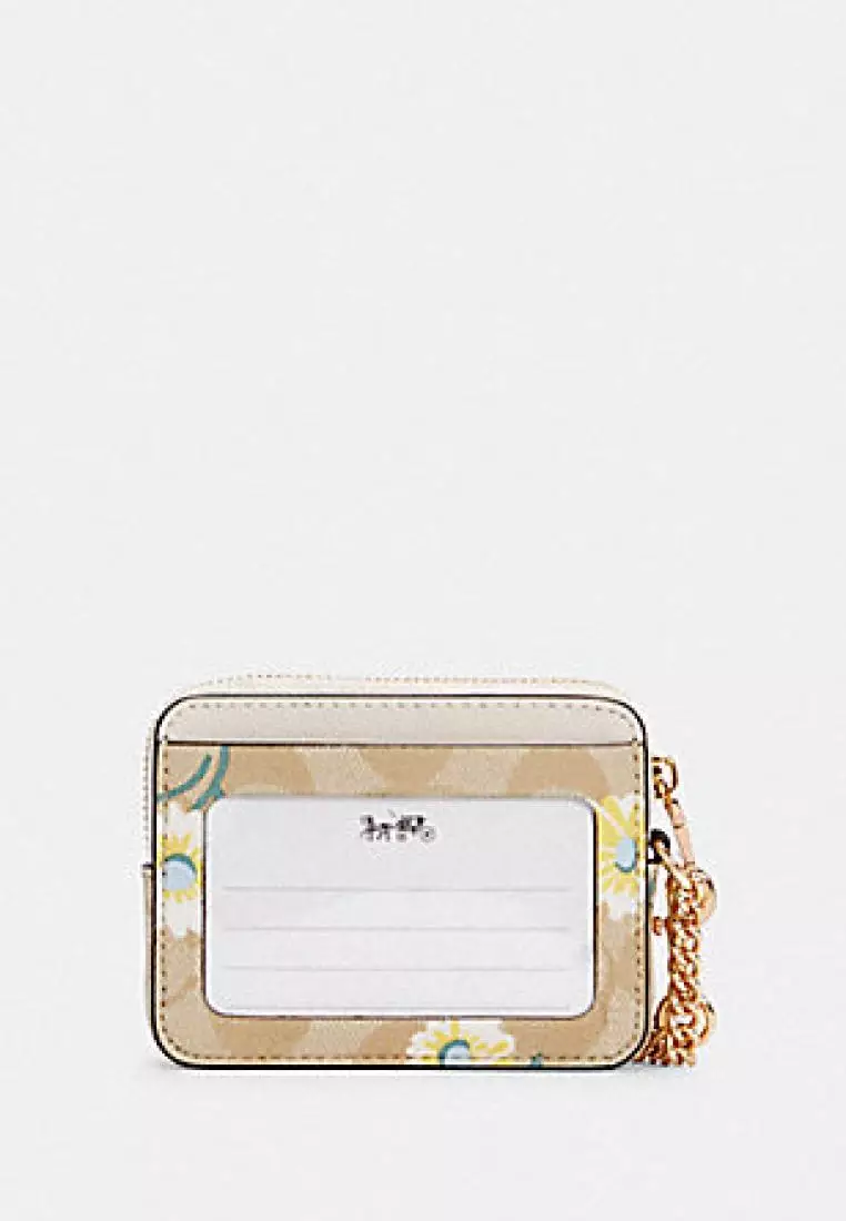 Coach Zip Card Case In Signature Canvas With Daisy Print Light Khaki Chalk Multi