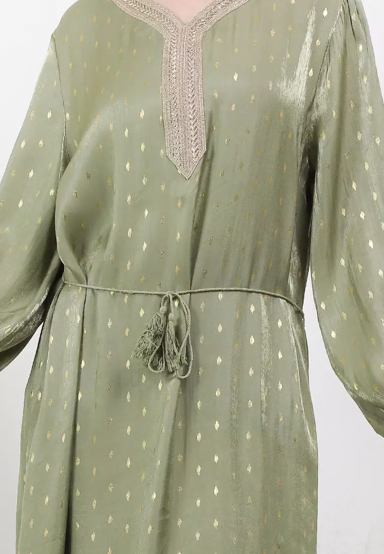 Tassel Belt Gold Lace & Print Maxi Dress