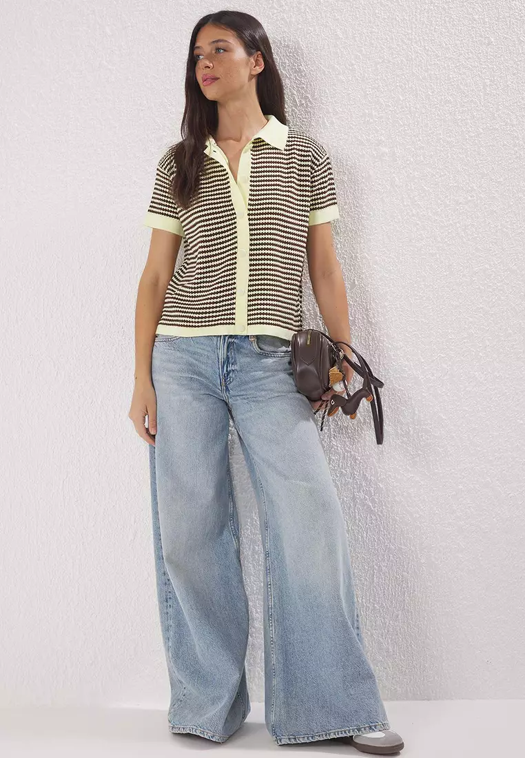 Yellow Polo Collar Striped Knitwear Medium Blouse Twoss25Bz00183