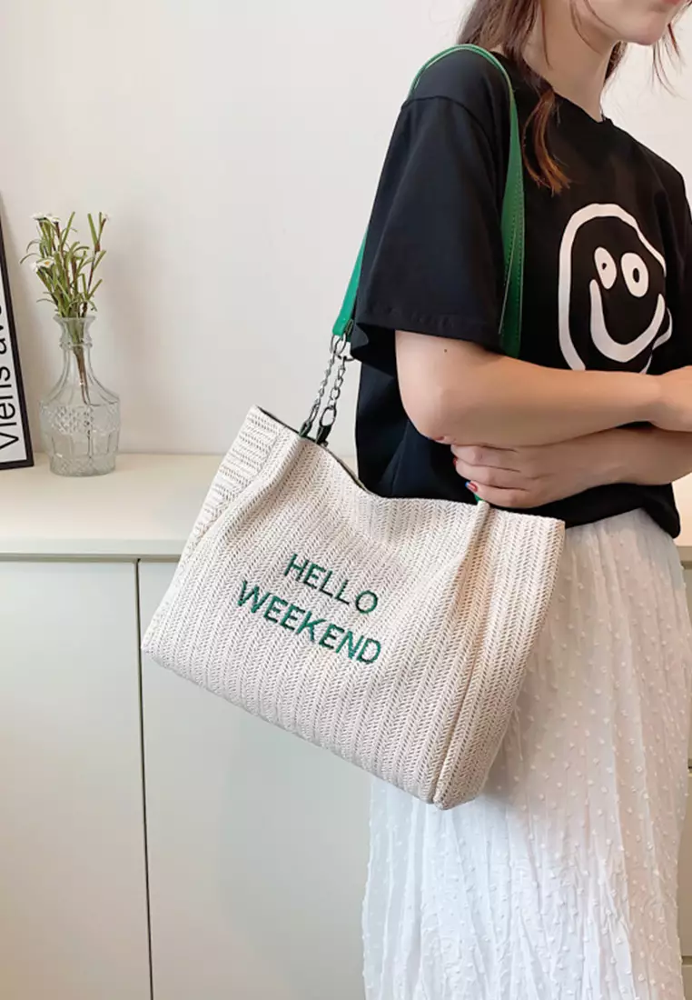 Wakakids Tas Wanita Bahu Shoulder Bag Tote Bag Bahan Anyam Jerami Motif Hello Weekend Venrz Coklat