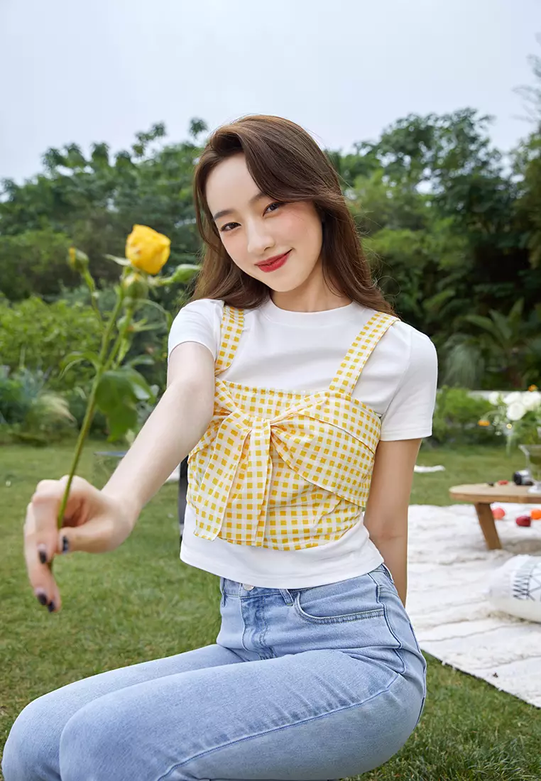 Round Neck Tee with Checkered Tank Top