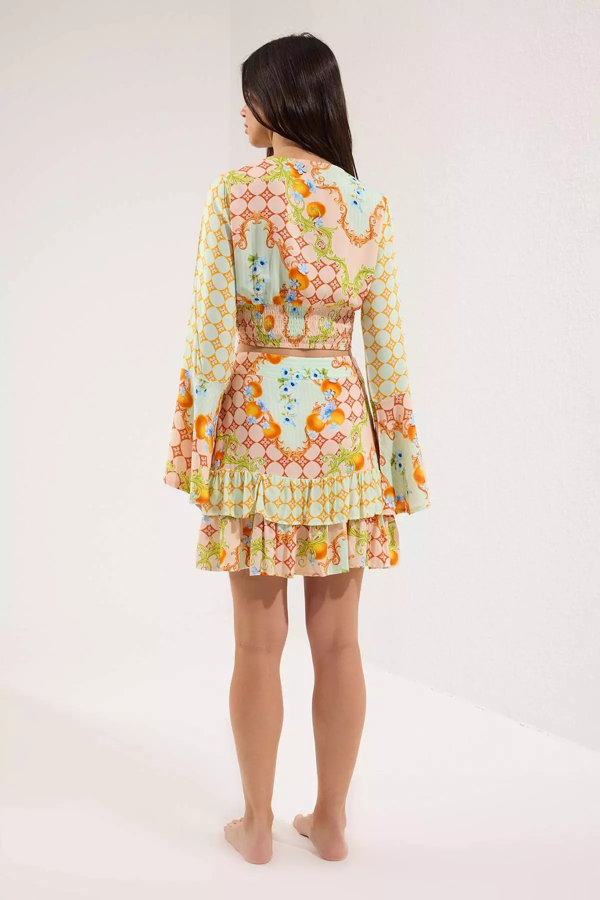 Yellow Ethnic Patterned Flounces Blouse Skirt Beach Suit