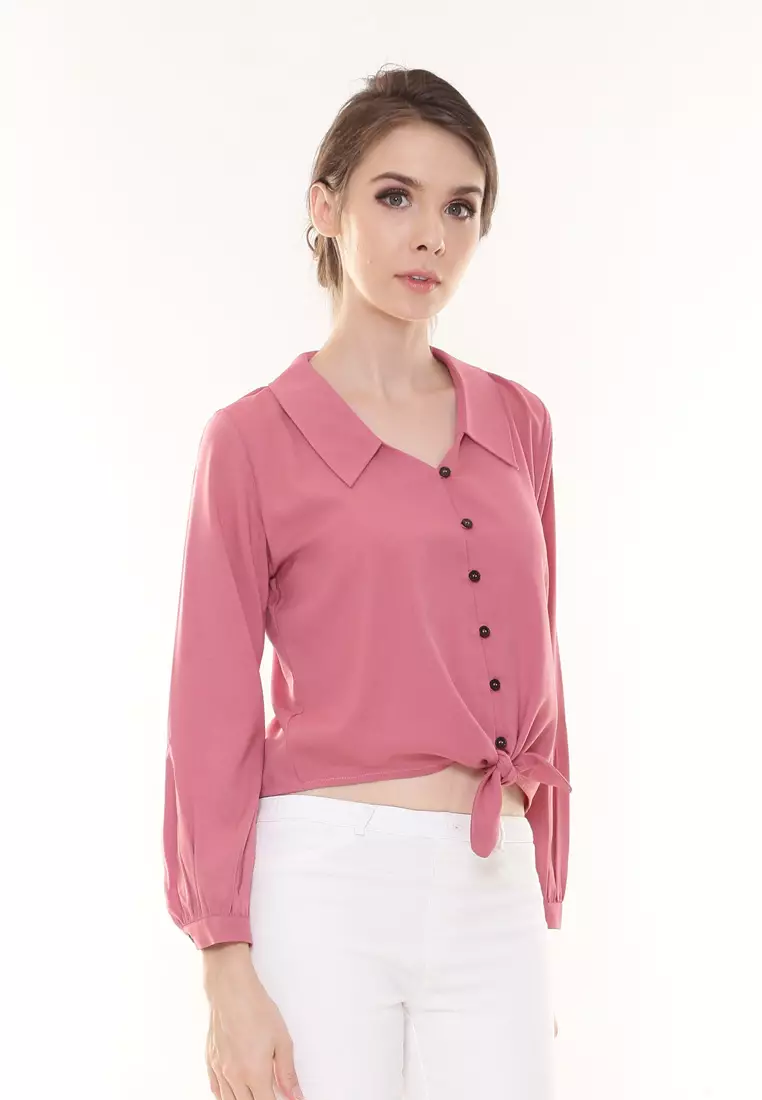 Evelyn Top Button Ribbon Tied up in Pink