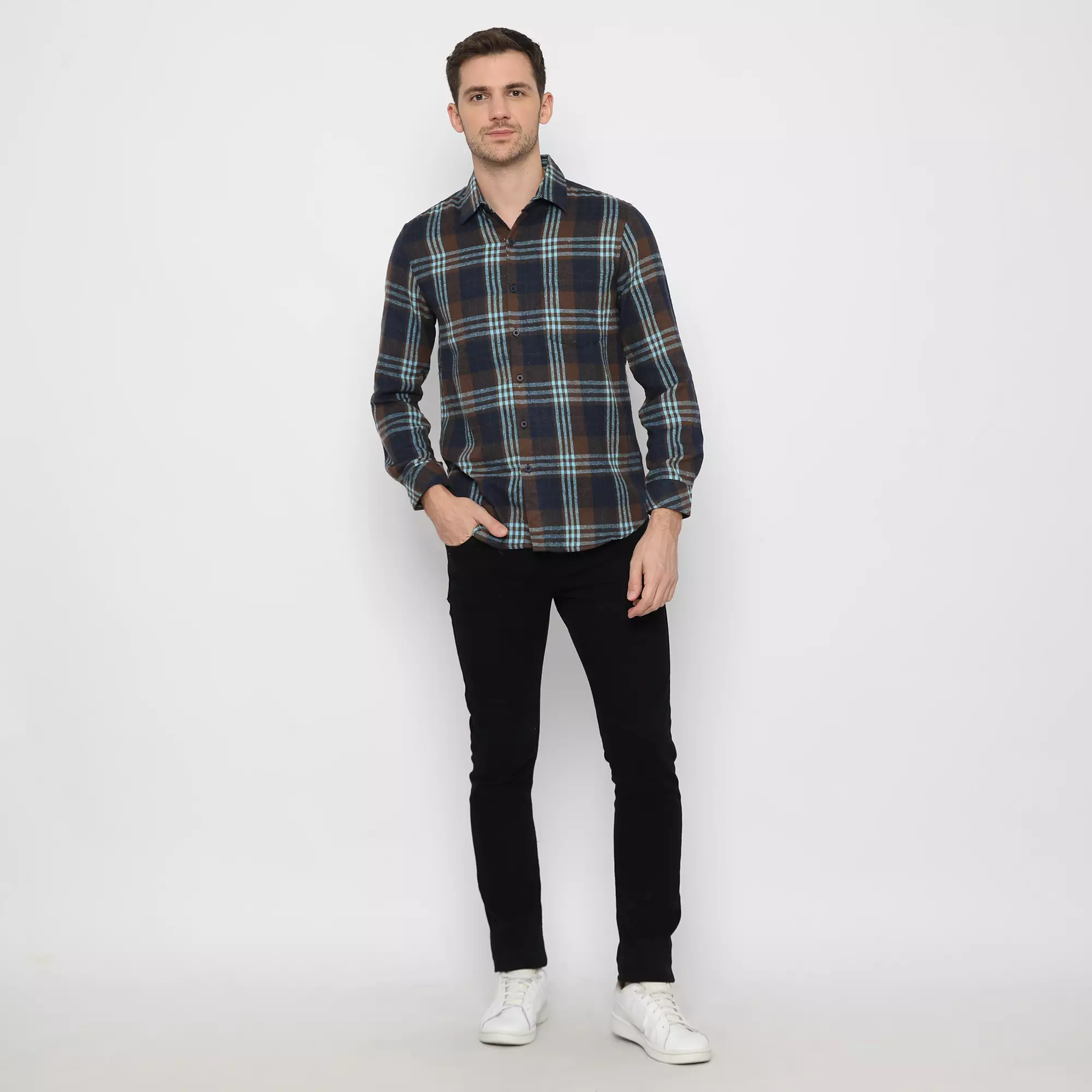 Platini Kemeja Pria Flanel Panjang Hitam Biru 76304