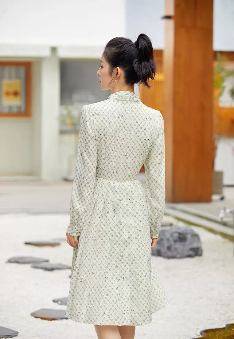 Long Sleeve Floral Midi Dress with Round Collar and Collar Tie