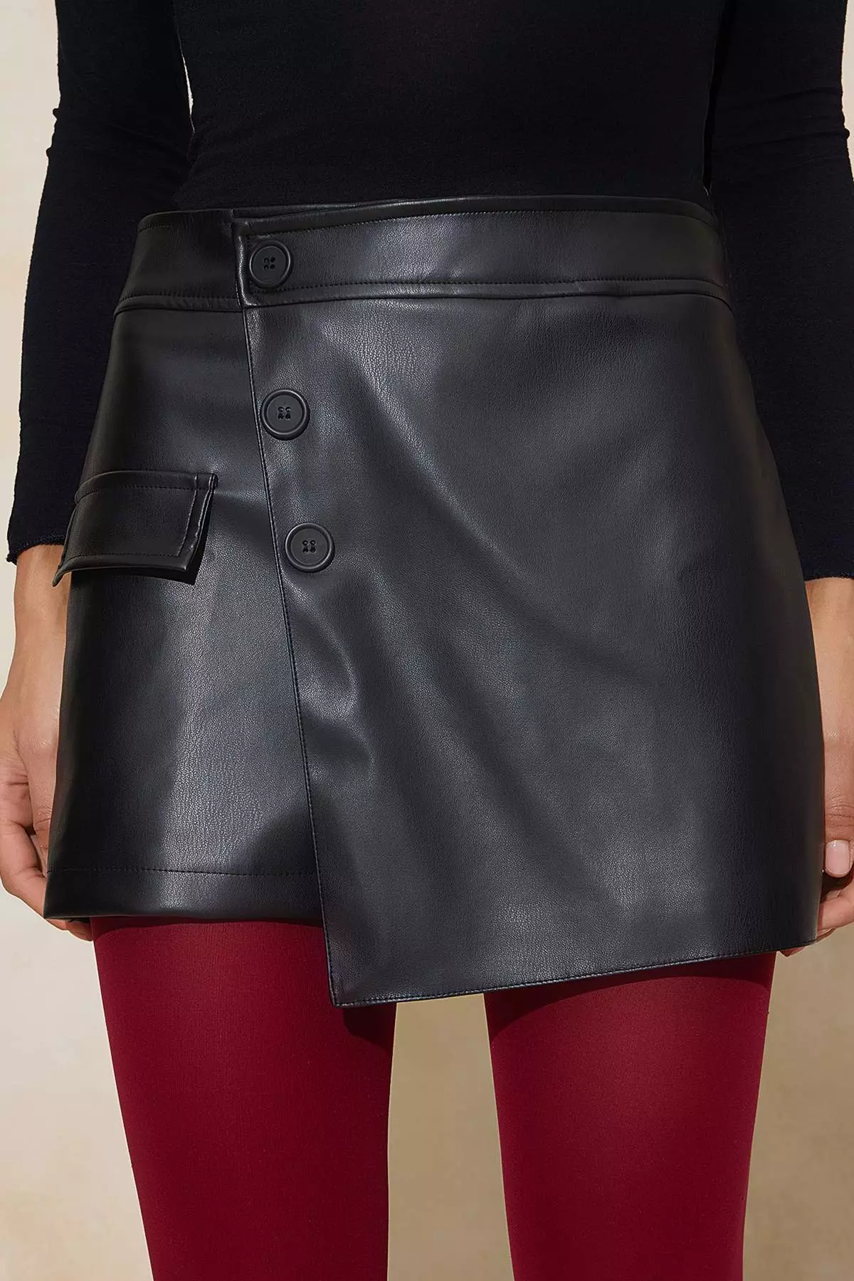 Black Faux Leather Mini Double-Breasted Short Skirt Twoss26Sr12