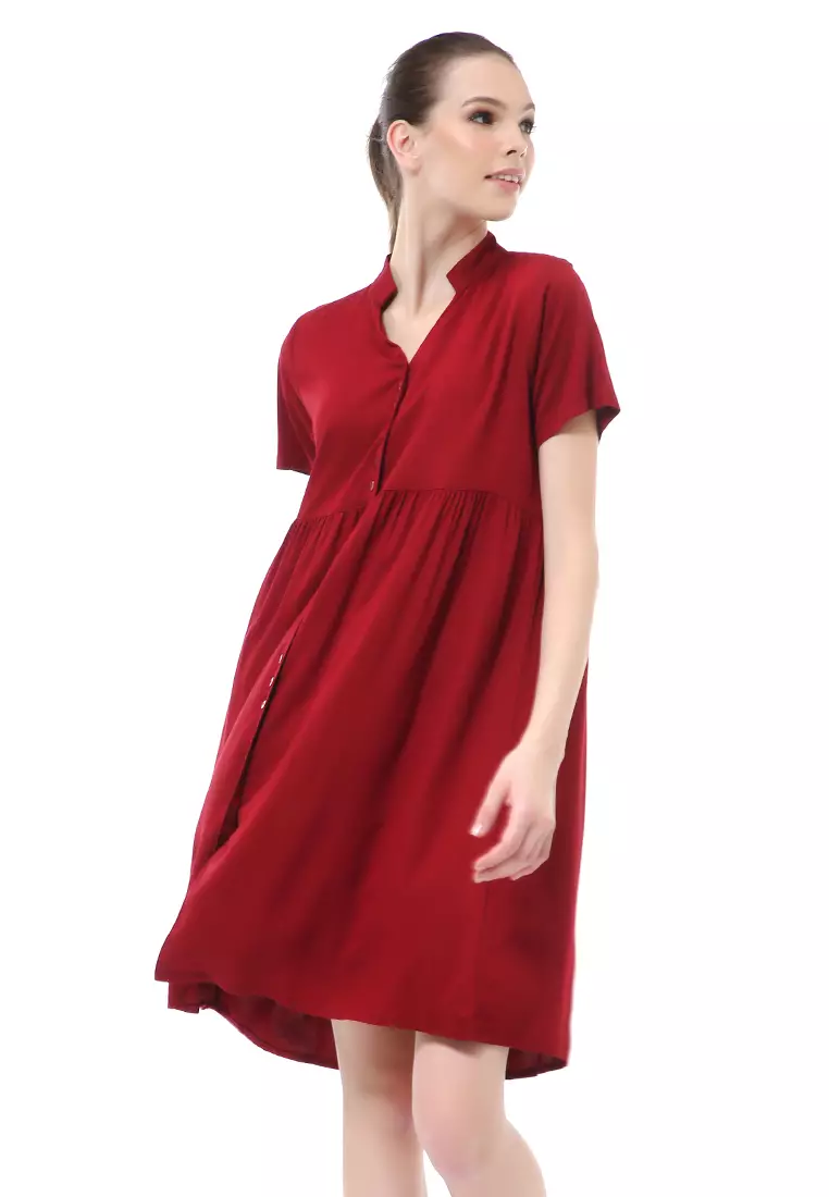 Rachel Dress Wanita Lengan Pendek Full Kancing Stylish Material Cotton ORIGINAL - Maroon
