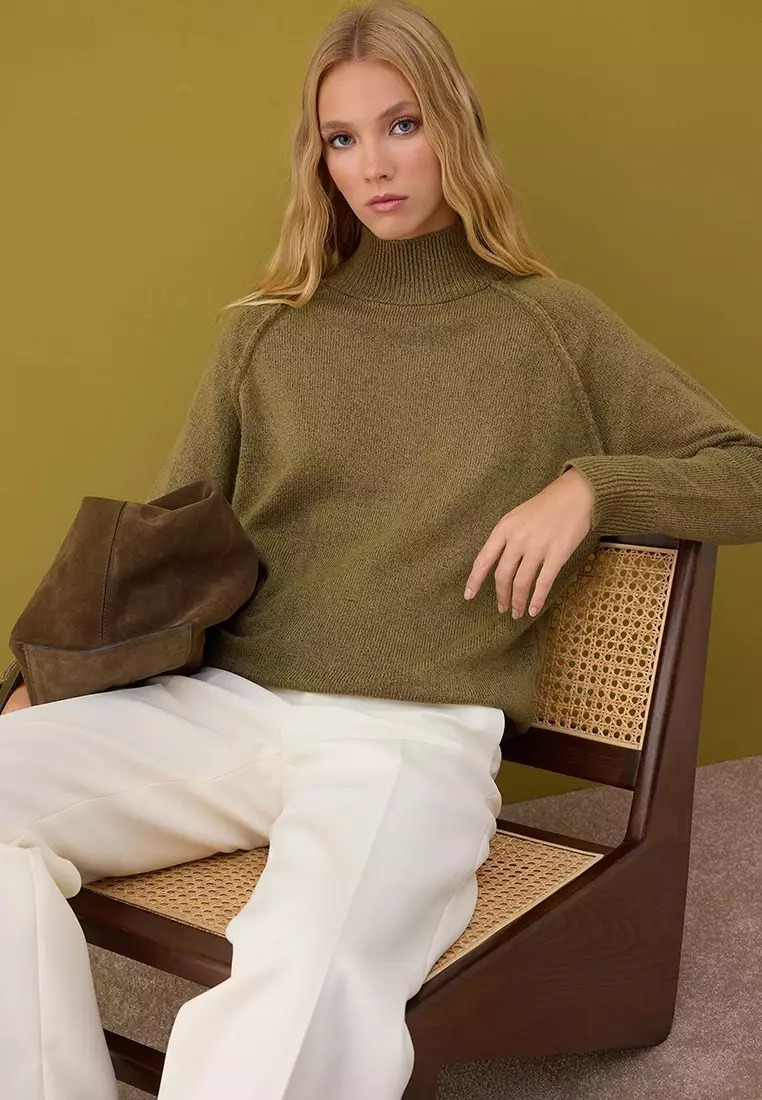 Khaki Soft Textured Wide Pattern Knitwear Sweater Twoaw26Kz00191