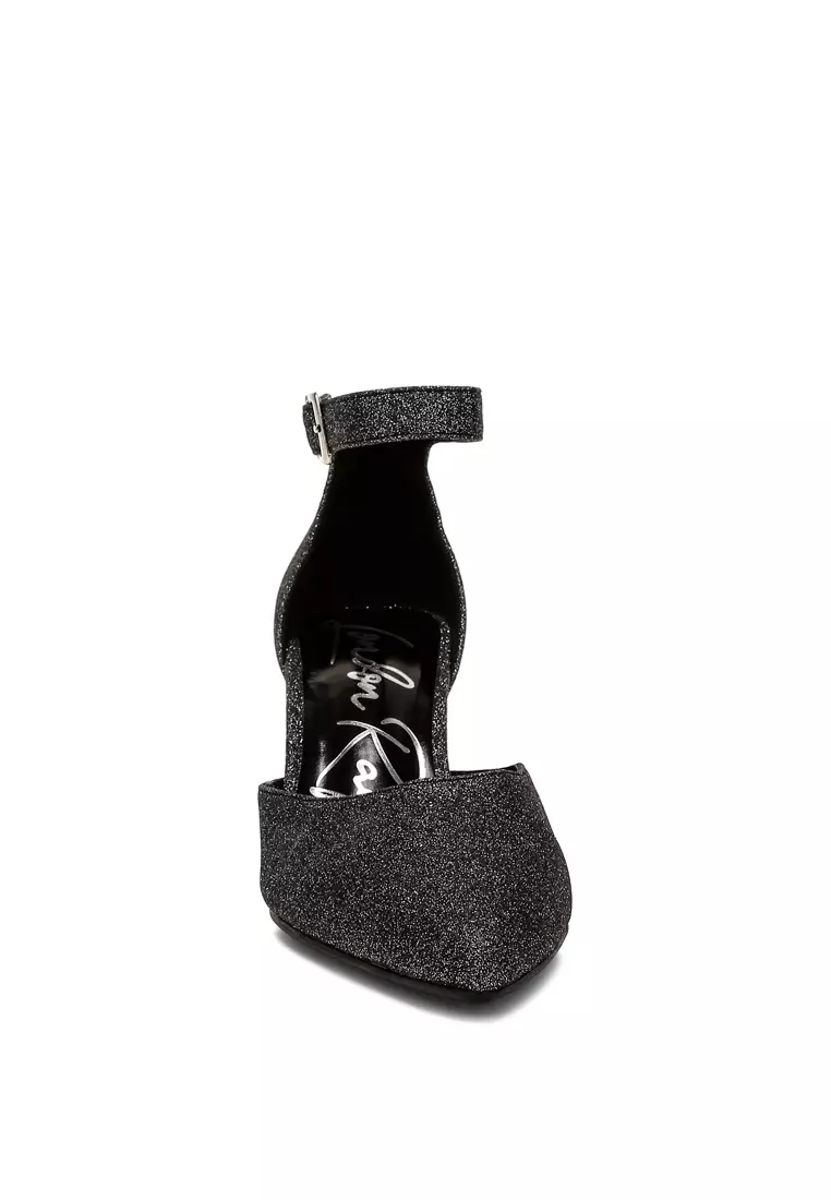 Sandal Tumit Blok Berkilau Warna Hitam