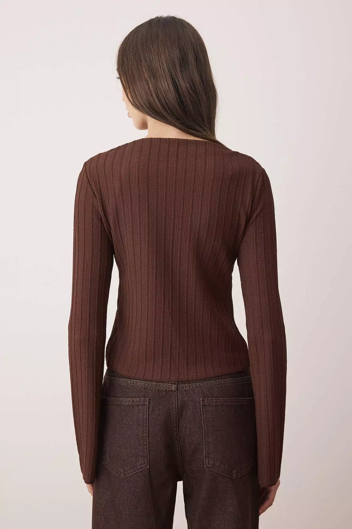 Brown Button Detailed Asymmetrical Body-Smoothing Flexible Knitted Blouse Twoaw26Bz00040