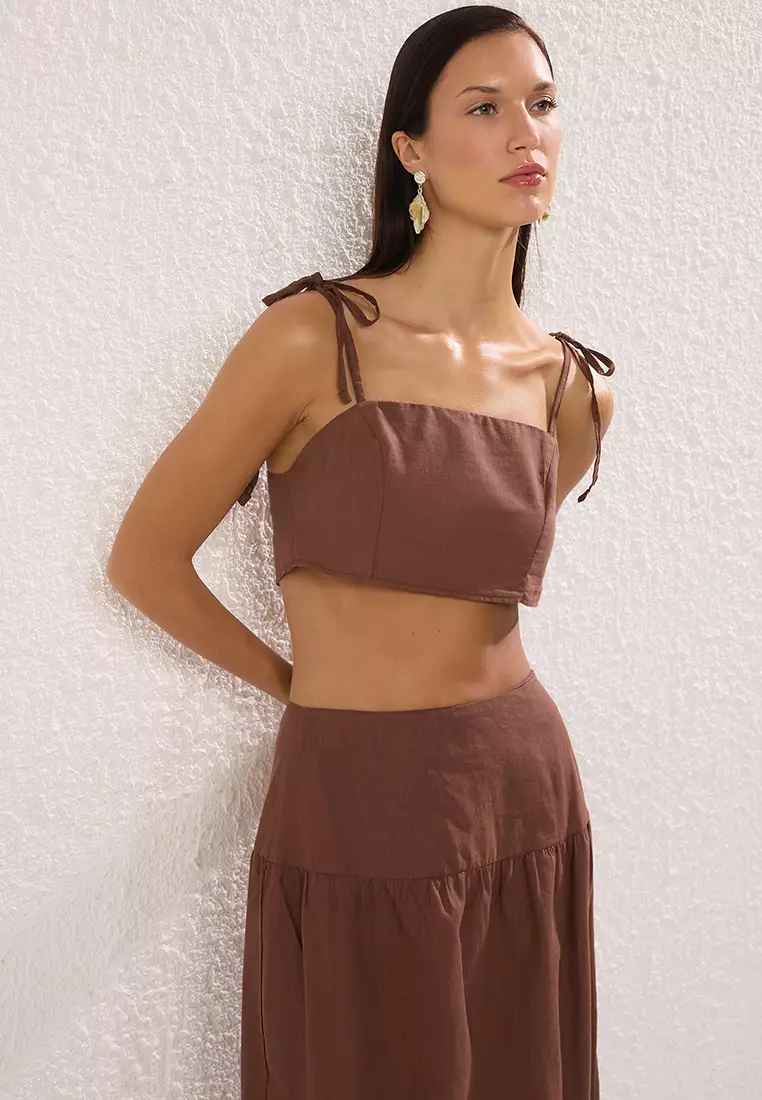 Brown Woven Flamed Cotton Beach Blouse Skirt Set TBESS25AU00073