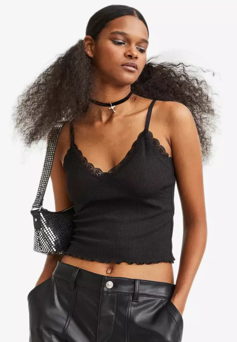 STUDDED LACE-TRIMMED TOP - Black