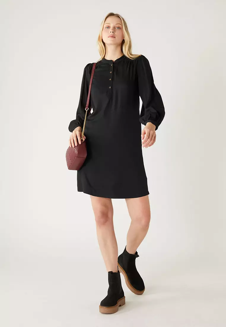 V-Neck Button Front Knee Length Shift Dress