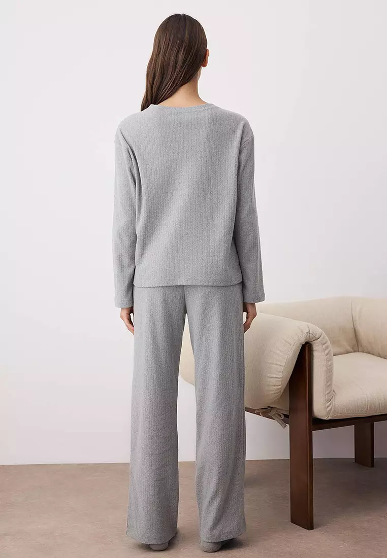 Gray Melange Cardigan Fitted Knitted Pajama Set