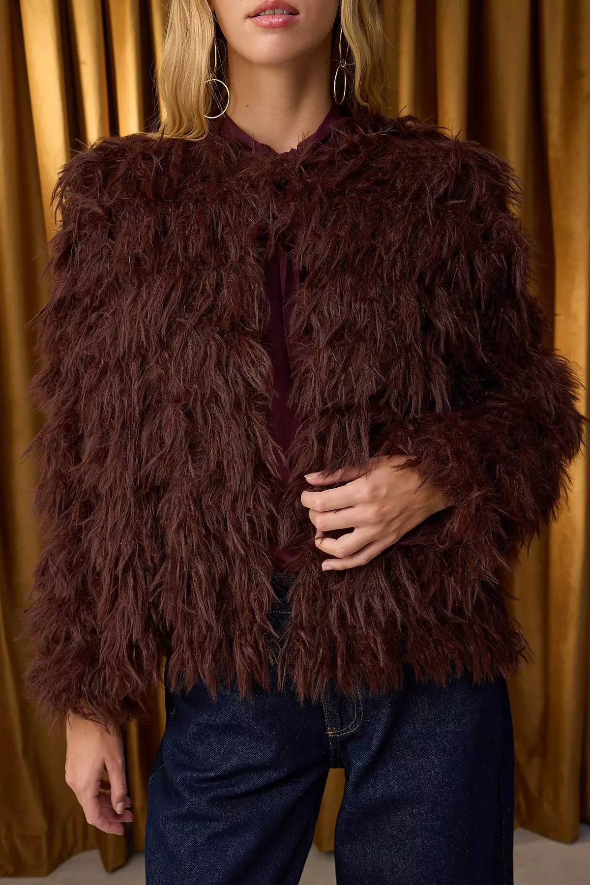 Brown Coat-Look Wide-Mould Tassel Detailed Soft Texture Knitwear Cardigan Twoaw26Hi00012