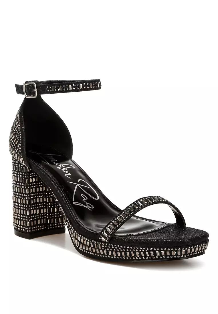 Black Rhinestones Embellished Block Sandals