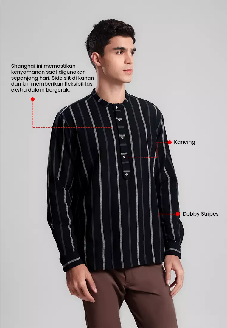 MANZONE - Kemeja Shanghai Lengan Panjang Pria Akhyar Comfort Fit - Black Warna Black