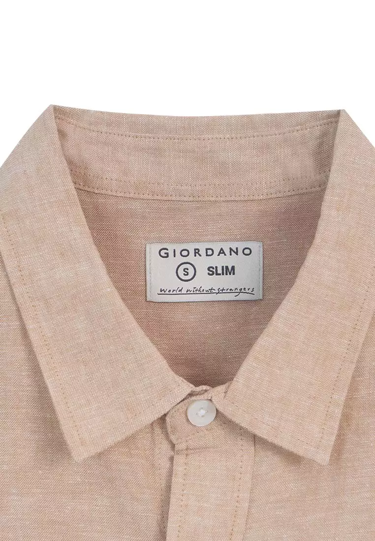 Men's Small Frog Linen Cotton Poplin Short Sleeves Slim Fit Shirt