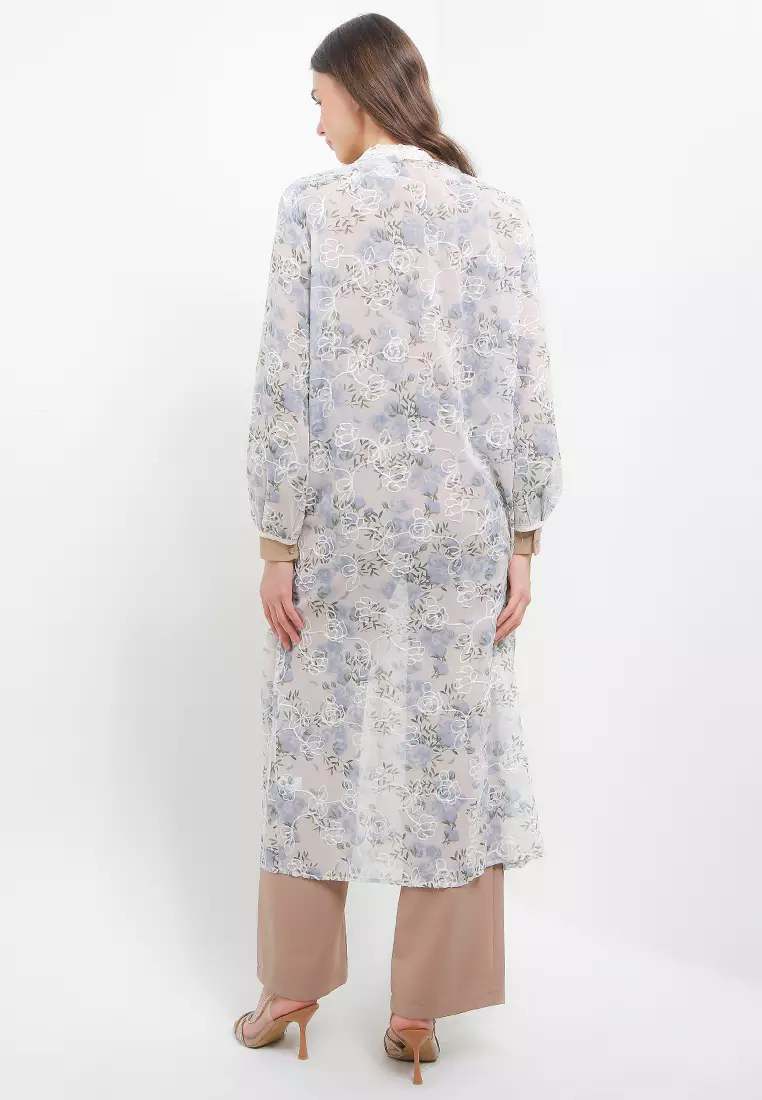 Long Puff Sleeve Lace Trimmed Emb Flo Chiffon Outer