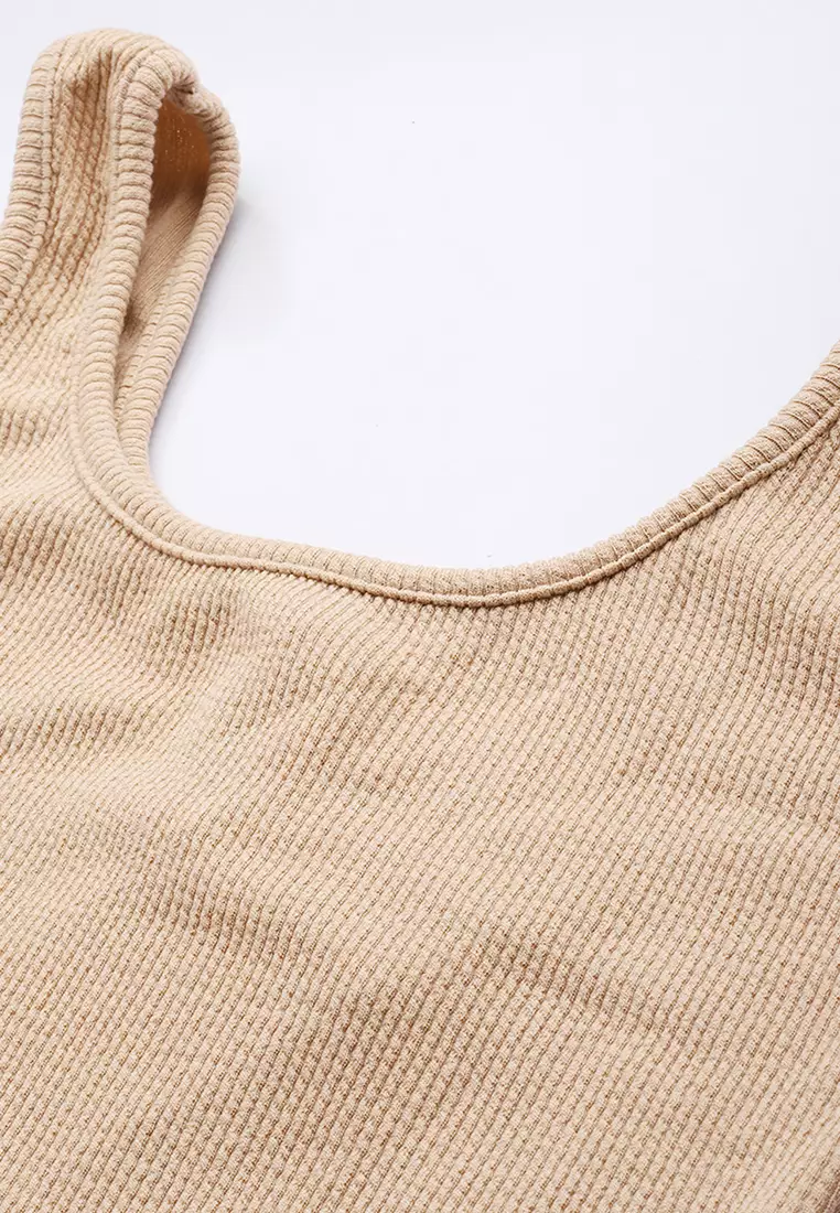 Ribbed Knit Slit Tank Dress In Beige