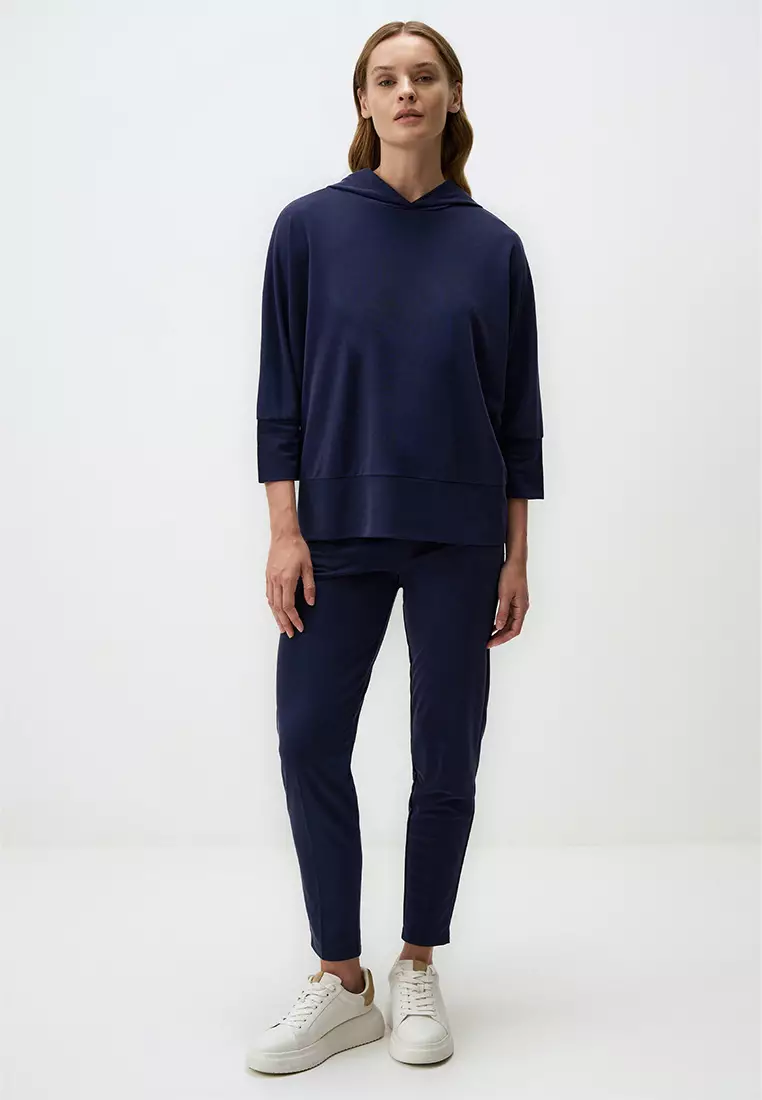 Jimmy Key Navy Blue Loose Fit Three Quarter Sleeved Hooded Sweatshirt
