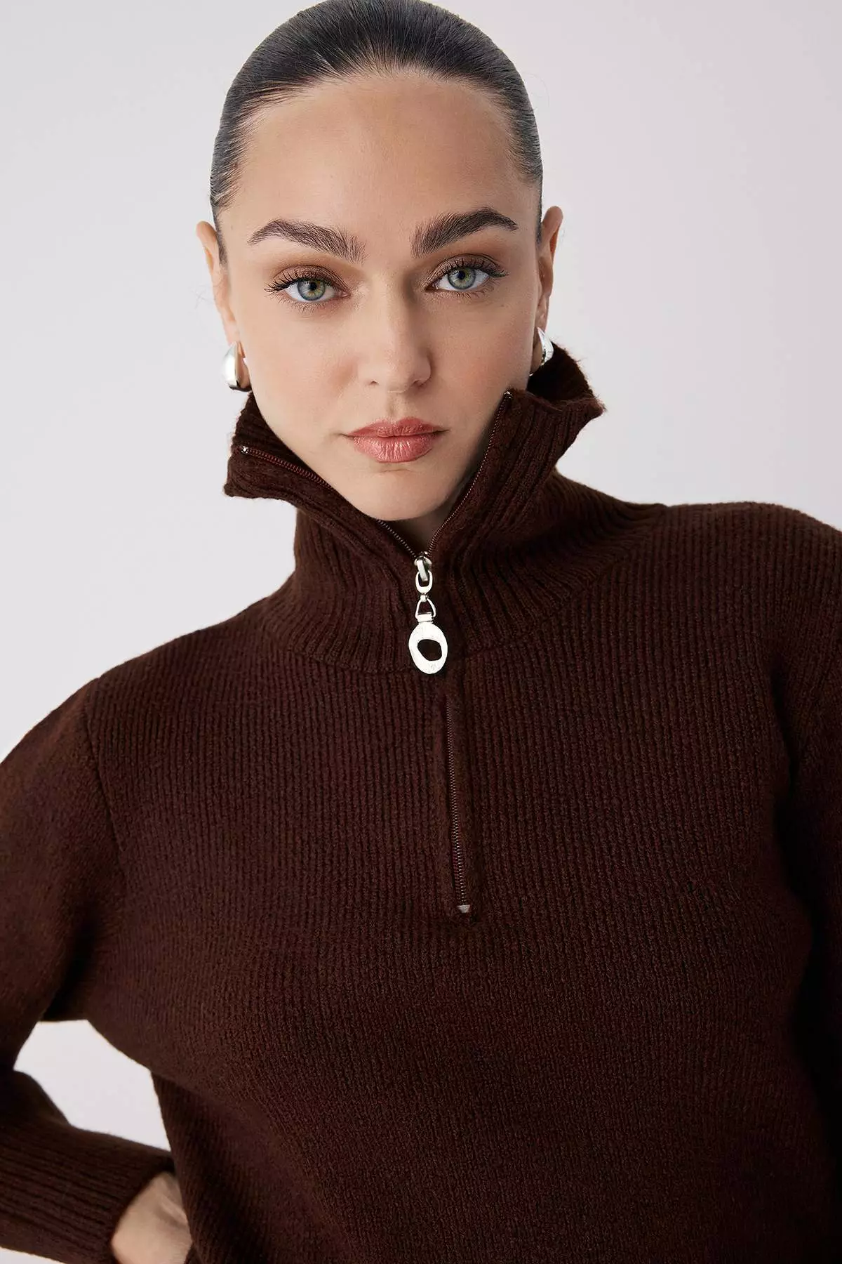 Brown Wool Premium Yarn/Special Yarn Zipper Basic Knitwear Sweater