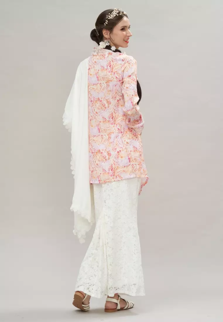 Pink Floral Lace Trimming Kebaya Top