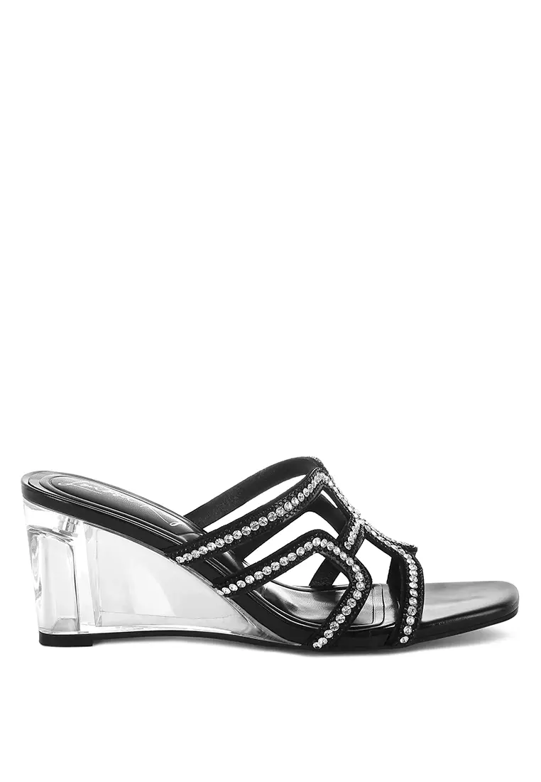 Metallic Rhinestone Clear Wedge Sandals In Black