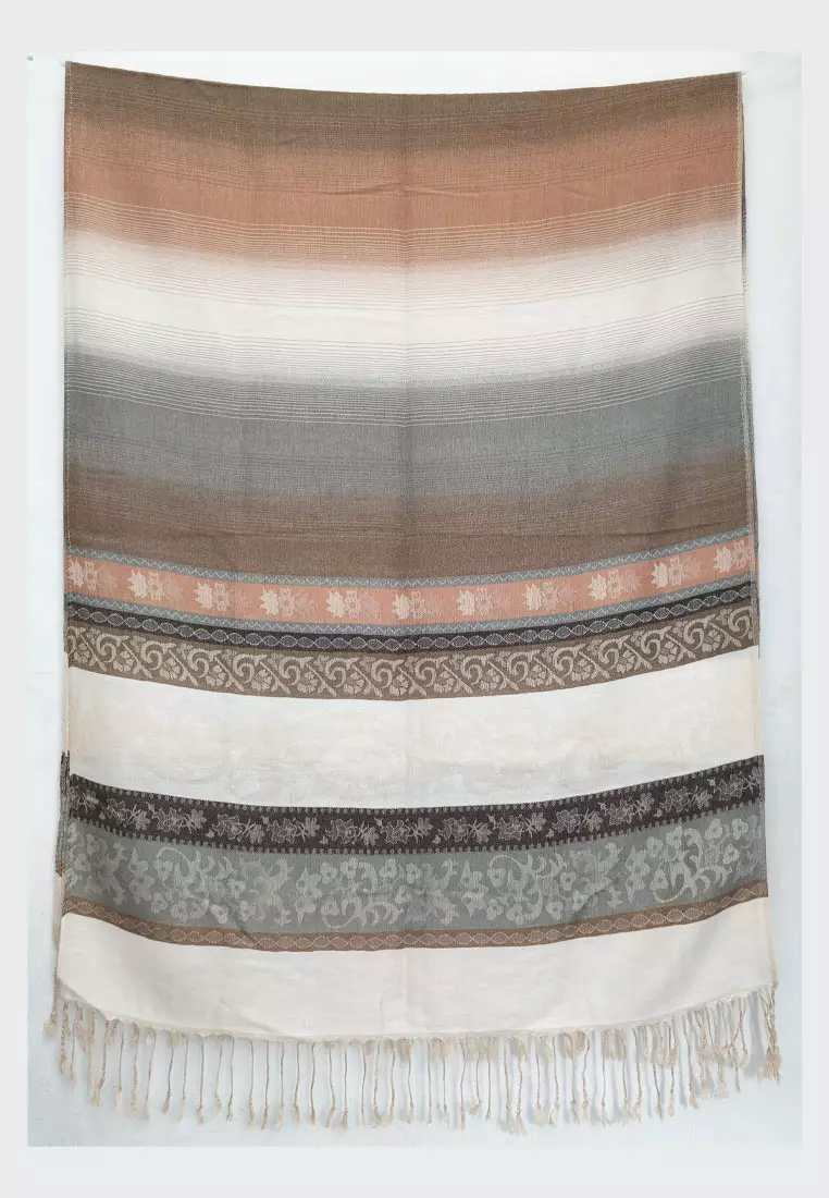 Hijab Pashmina Wanita Reversible Viscose Multicolour Vintage Pattern Pashmina Shawl Syal Wanita Ivory Mist