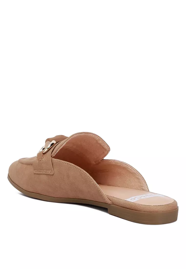 Taupe Horsebit Embellished Slip-On Mules