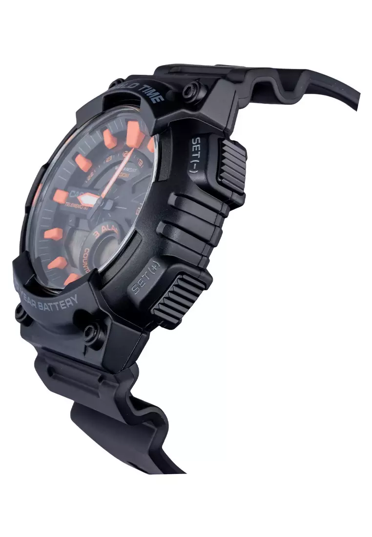 Casio Dualtime - Jam Tangan Pria - Black Orange - Resin Strap - AEQ-110W-1A2VDF