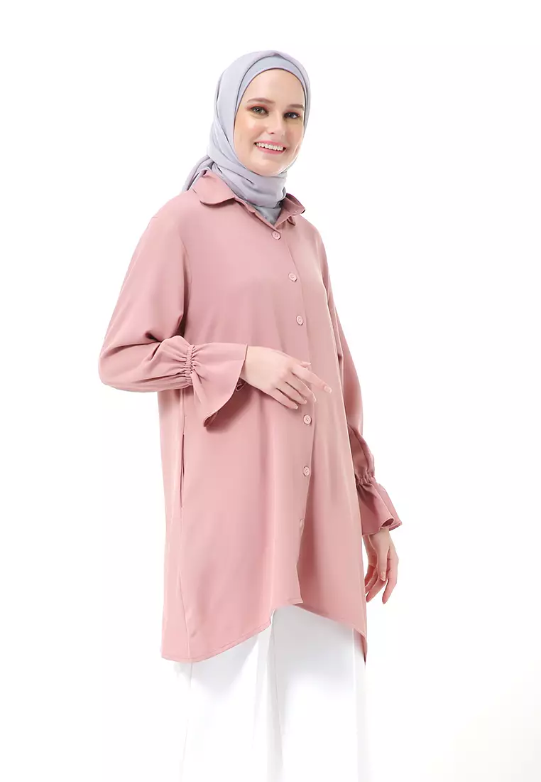 Aleina Blouse Muslimah Atasan Wanita Long Sleeve Premium High Quality - Dusty Pink