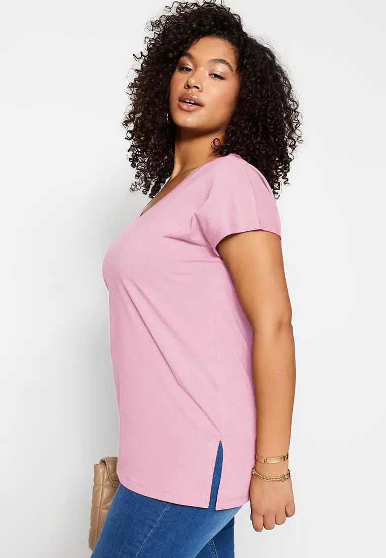 Pink Boyfriend V Neck Slit 100% Cotton Knitted T-Shirt TBBSS22BF0036