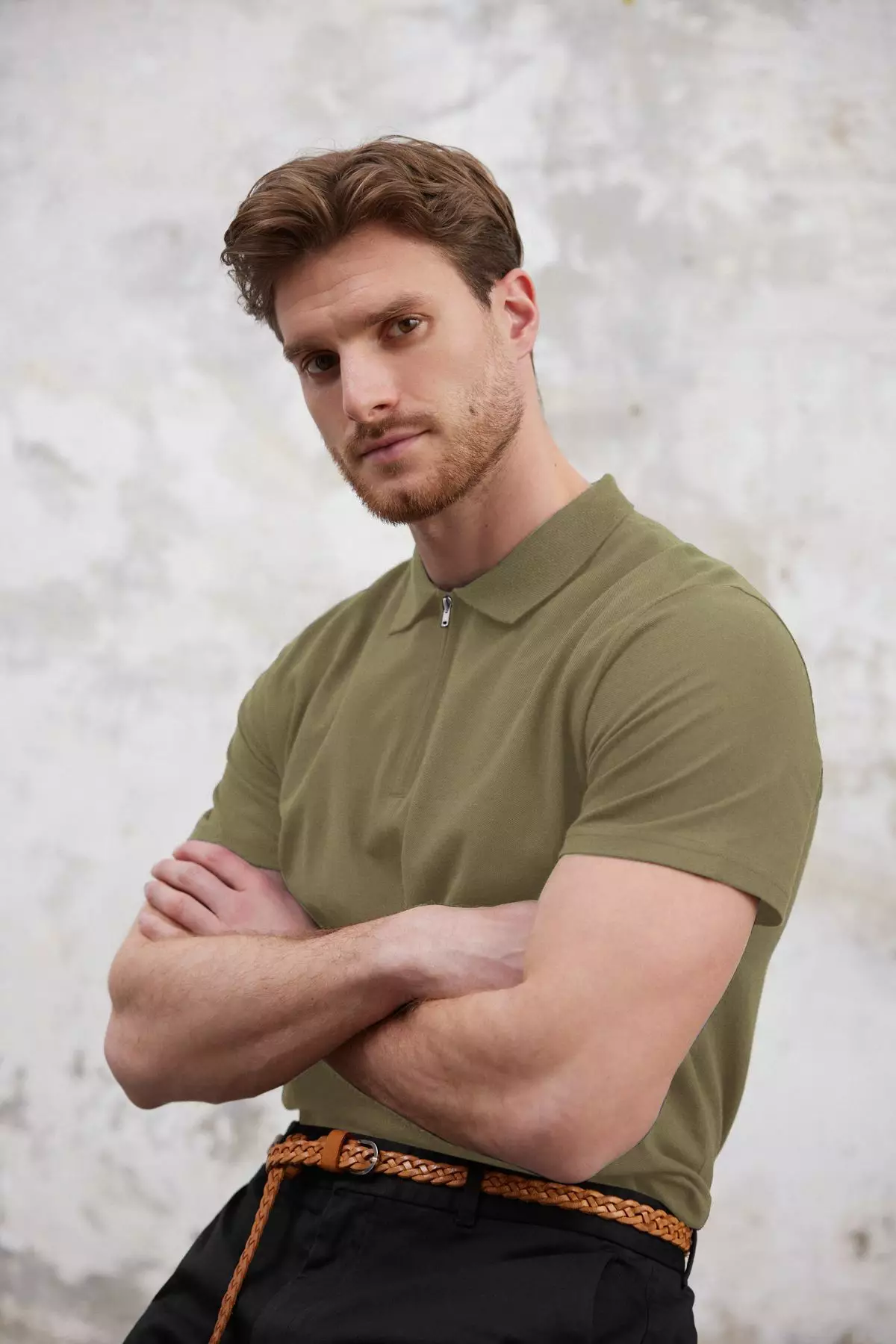 Khaki Regular/Normal Cut Zippered 100% Cotton Polo Neck T-Shirt