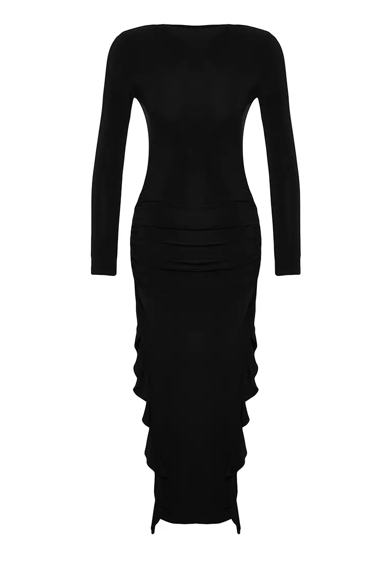 Boat Neck Ruffle Ruched Midi Dress
