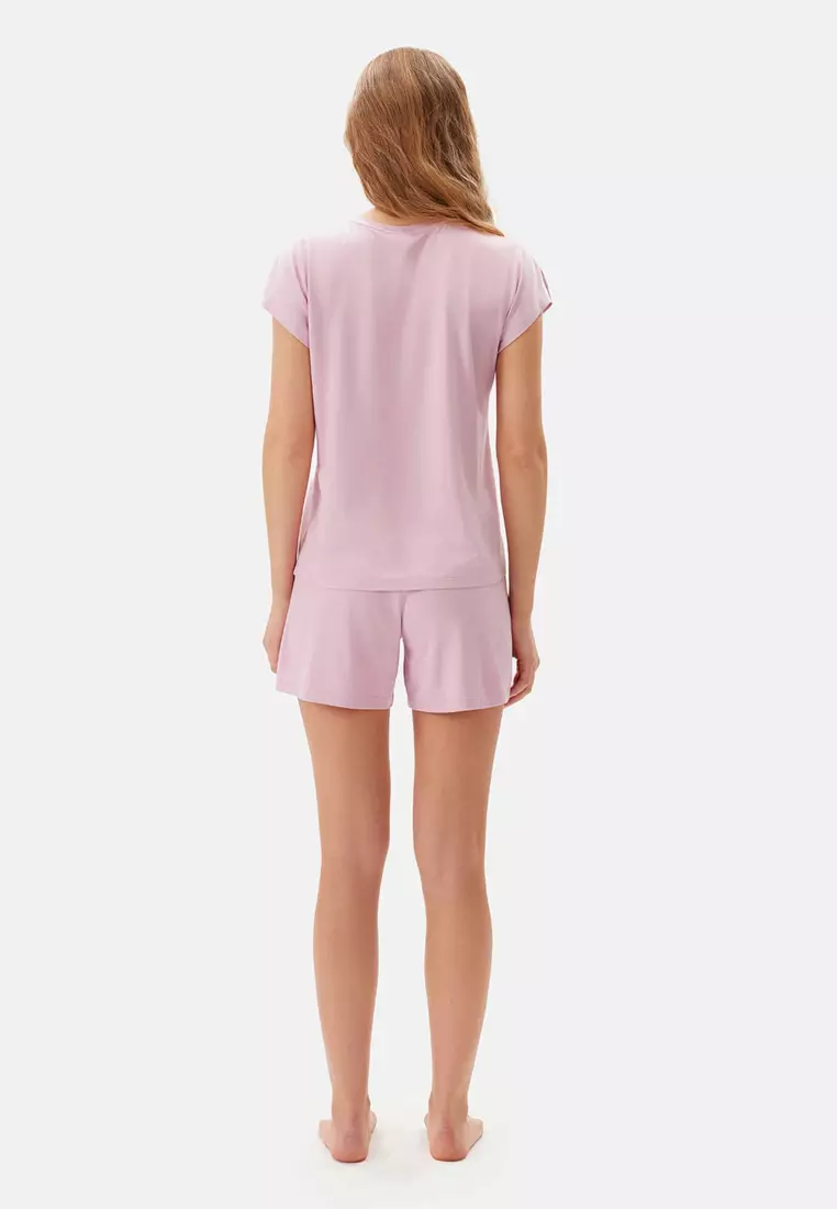 Light Pink T-Shirt & Shorts Knitwear Set, Boat Neck, Regular, Short Leg, Short Sleeve Sleepwear for Women