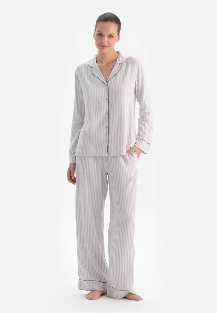 White Shirt, Striped, Regular Fit, Long Sleeve Sleepwear for Women