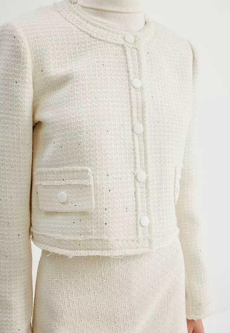 Glittery Round Neck Tweed Jacket