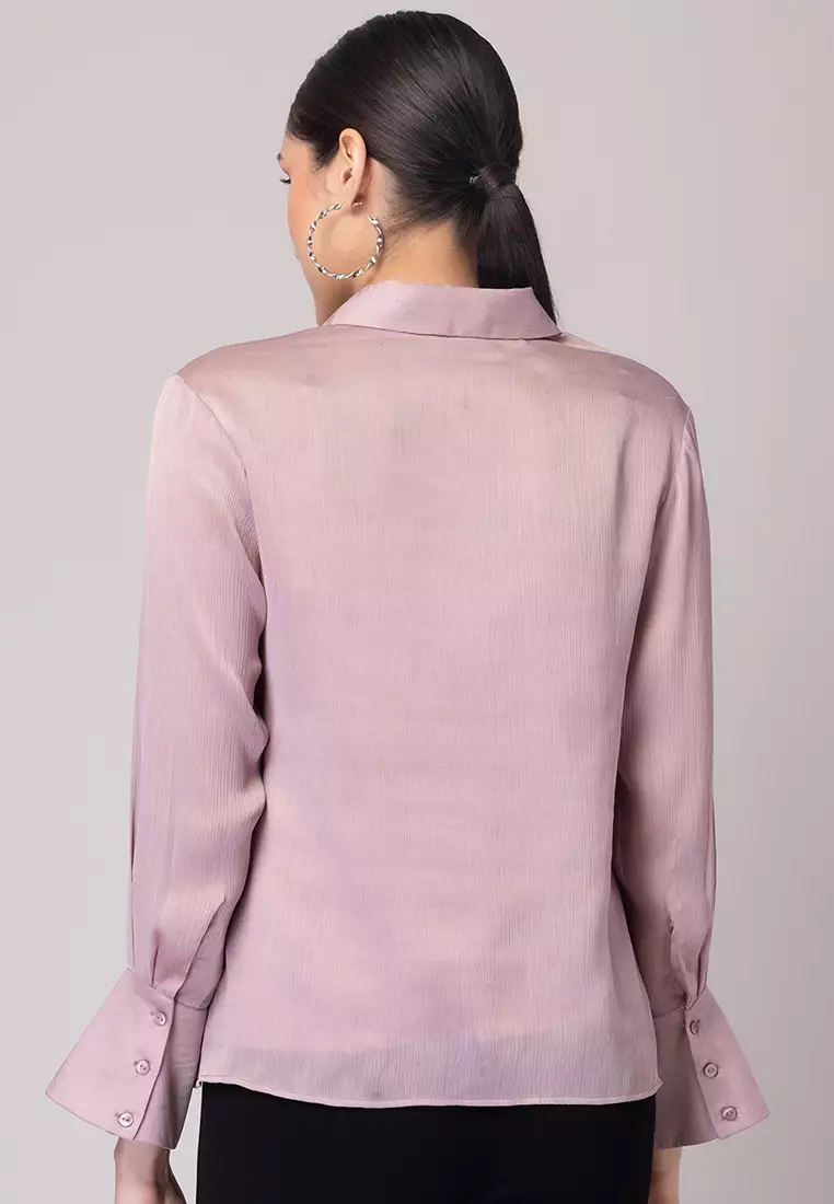 Blush Pink Long Sleeve Satin Shirt Blouse