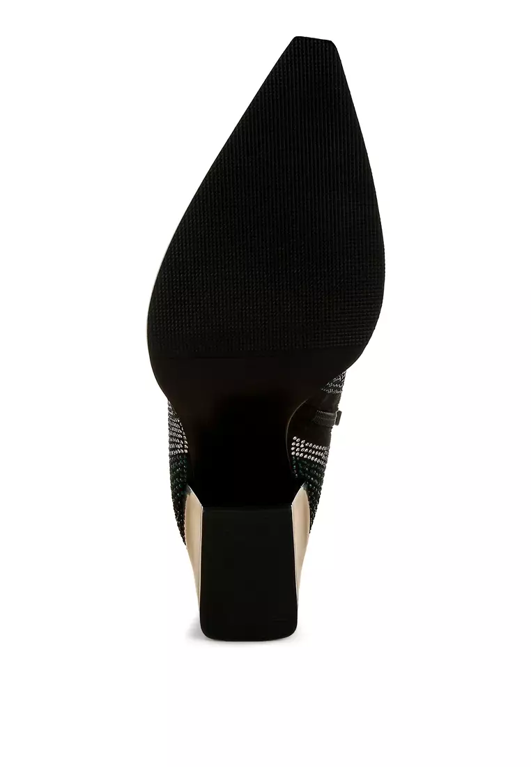 Sepatu bot hak blok berhias berlian imitasi berwarna hijau