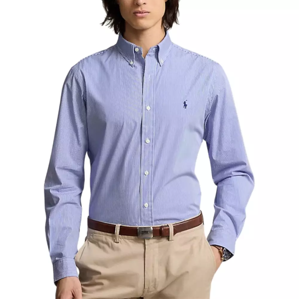 Striped Poplin Slim Fit Shirt Light Blue