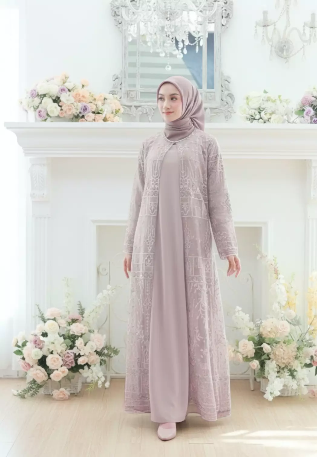 Mosleem Long Dress Broakat With Pearl Detail in Dusty Pink By Brilliant Girl Warna Dusty Pink