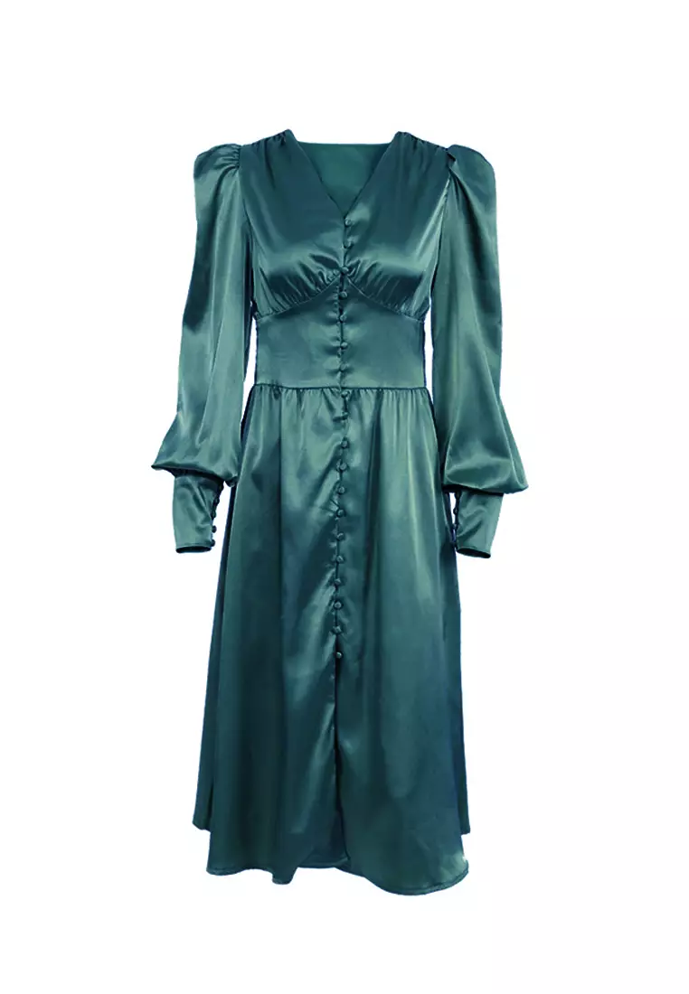 气质缎面灯笼袖收腰设计感连衣裙A121822DGGR