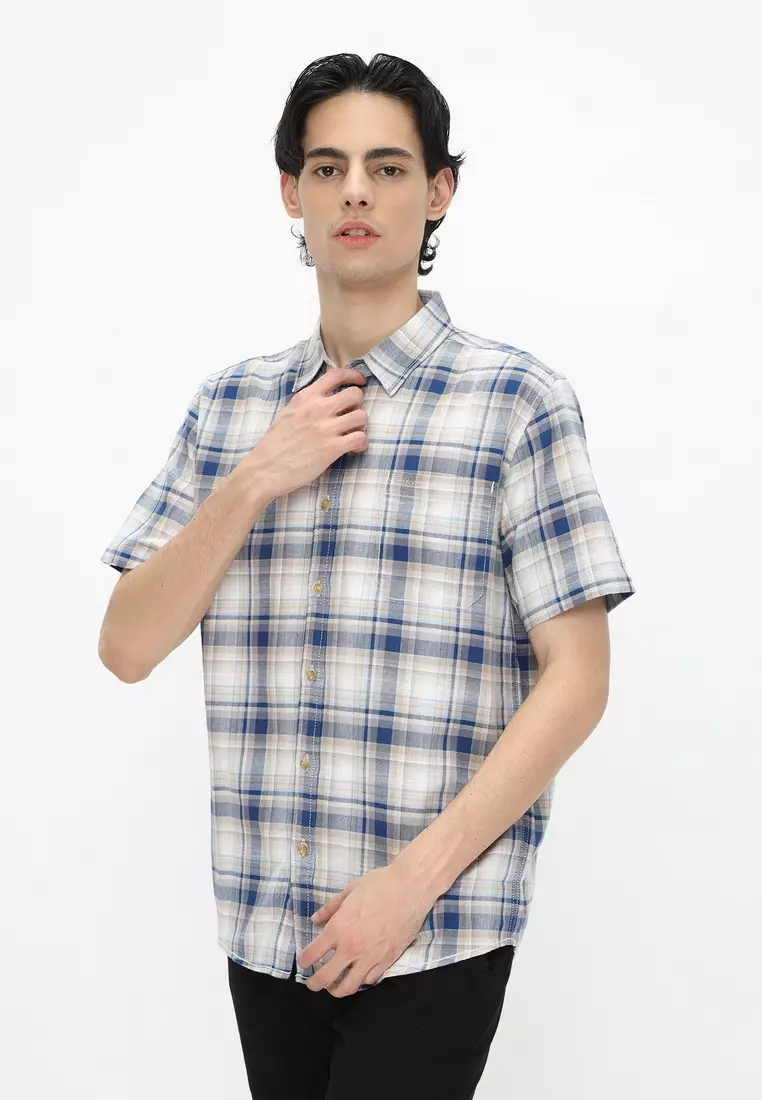 POLICE Kemeja Kotak Cotton Twill Slub Cream Biru Regular Fit Pria