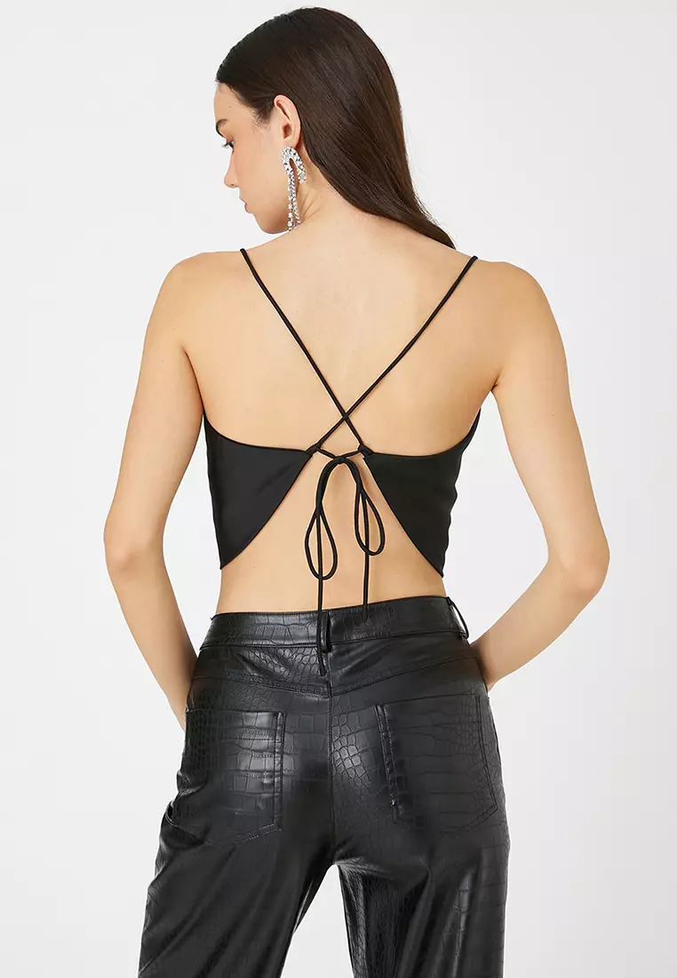 SATIN TOP WITH TIED BACK - Black