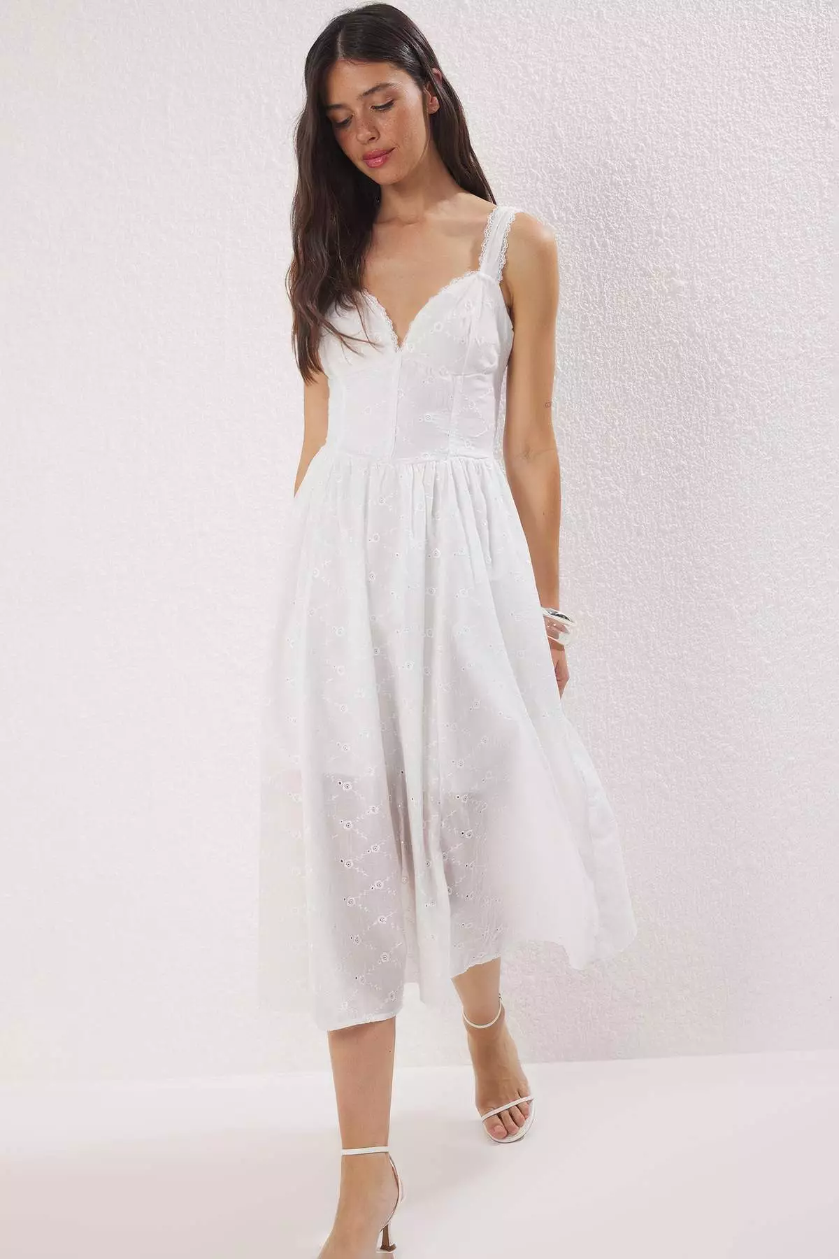 White Plain Midi Brode Woven Dress Twoss25El00852