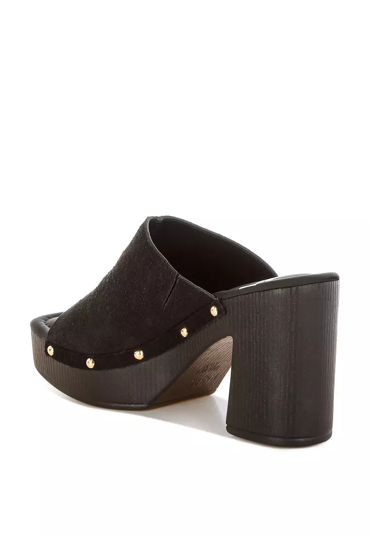 Soft Suede Leather Wooden Clogs In Black