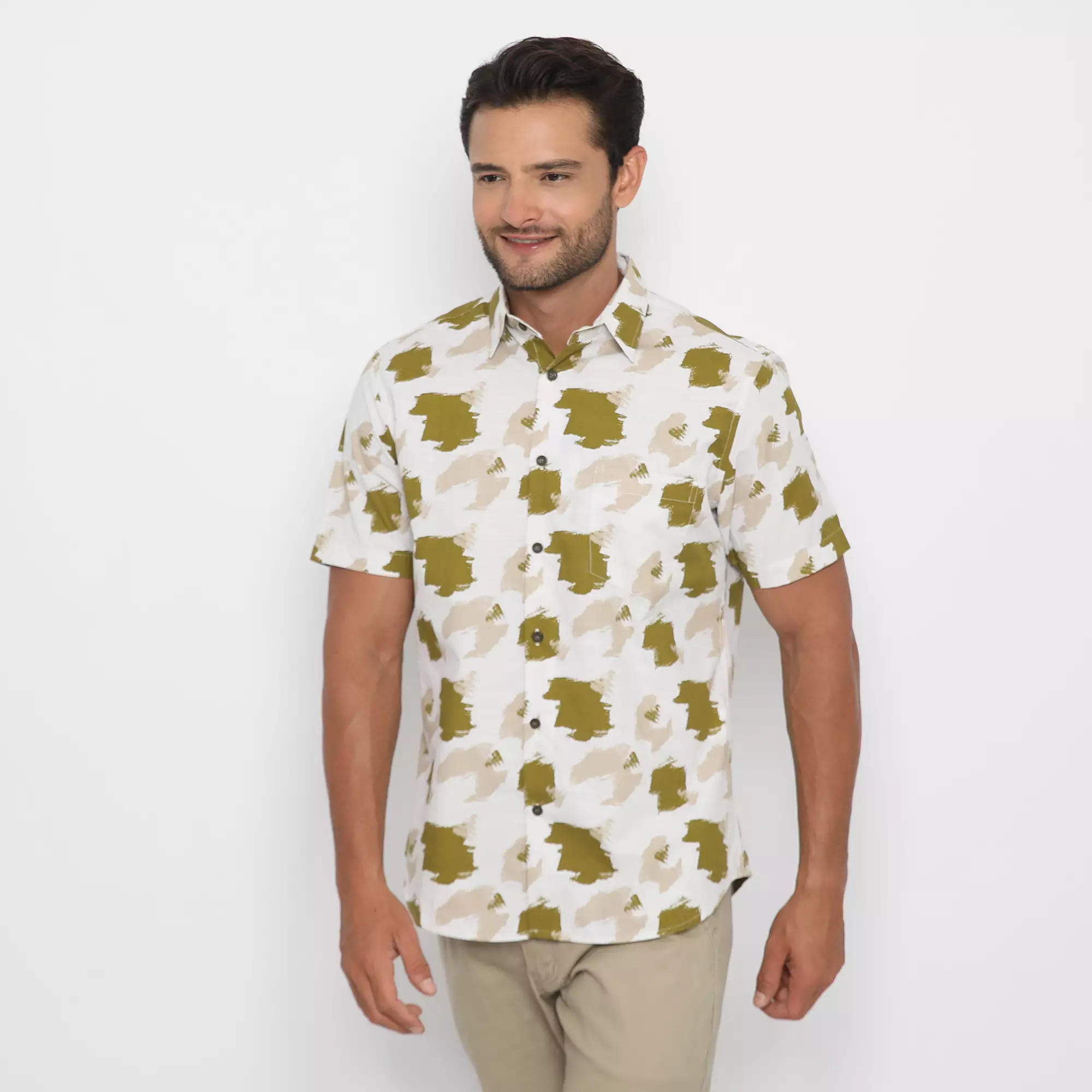 Platini Kemeja Motif Pria Lengan Pendek Katun Krem 73333