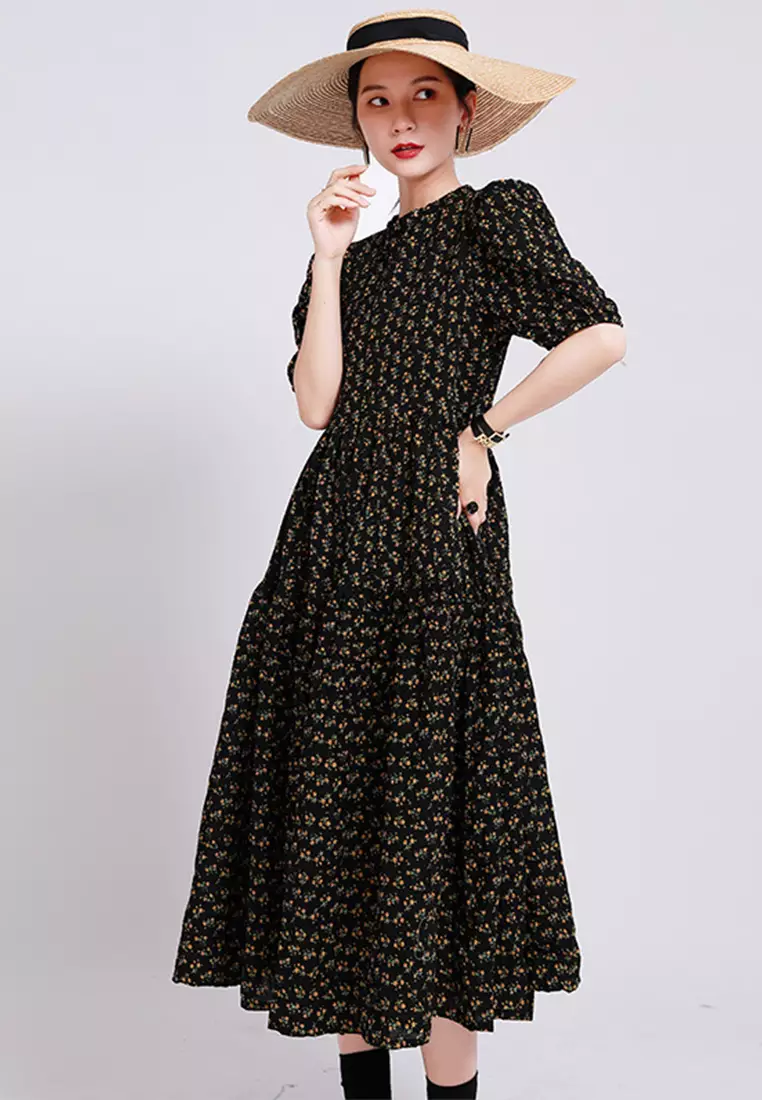 2025 S/S 法式優雅圓領泡泡袖碎花大裙擺長連身裙 CA23032105